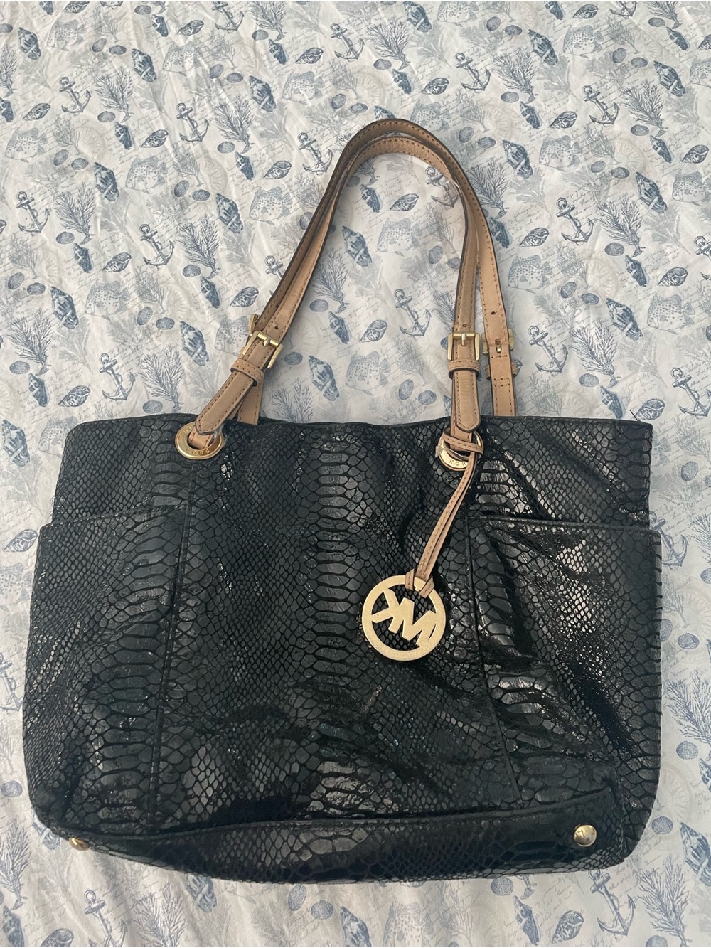 Michael Kors Black Faux-Snake Tote with Tan Handles and Gold Charm